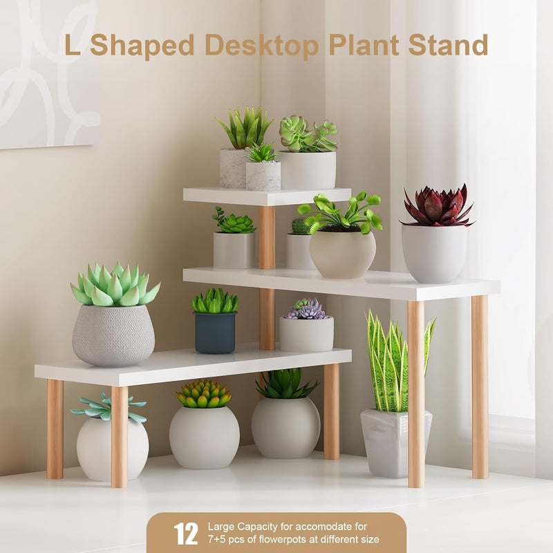 OcBuct Small Plant Stand Shelf ,3 Tiers Wood Long Desktop Flower Pot Holder Racks for Window Sill,Table ,Countertop Organizer Display Stand Shelves (Angle Adjustable,White) - Image 3
